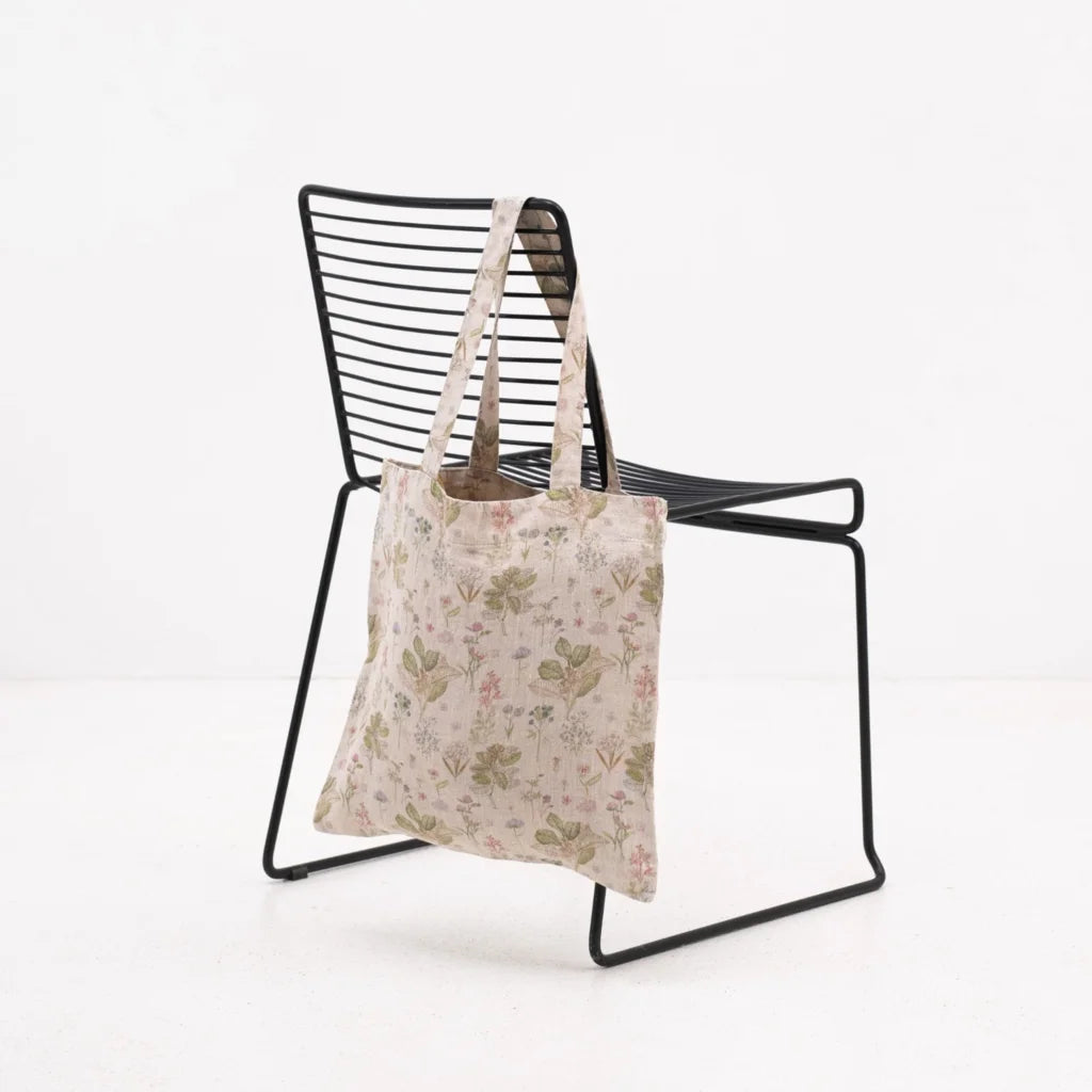 Leinen Einkaufstasche Botanik in Creme+Rosa+Grün+Braun Muster Botanik von Linen Tales Größe 38 cm breit+ 42 cm lang