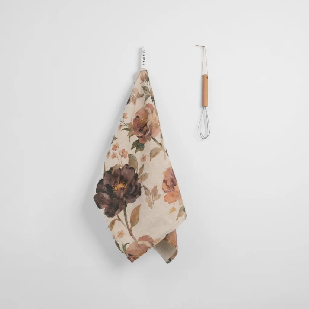 Leinen Geschirrtuch Blumen 2er-Pack in Creme+Aubergine+Olive Creme+Beere+Grün Muster Blumen von Linen Tales Größe 45x65 cm