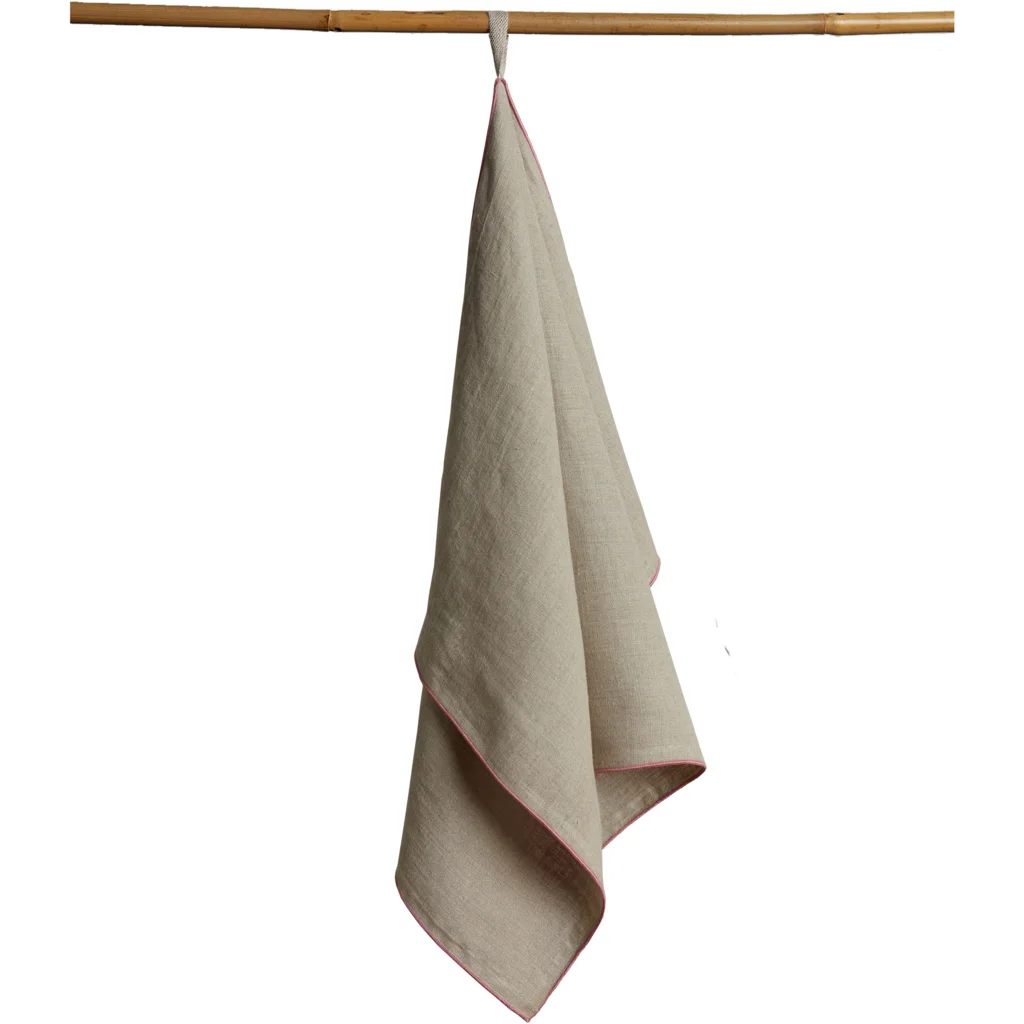 Leinen Geschirrtuch VILNIA beige mit bunter Umkettelung  2er-Pack in Beige+Rosa von Erika Vaitkute Größe 47x70 cm
