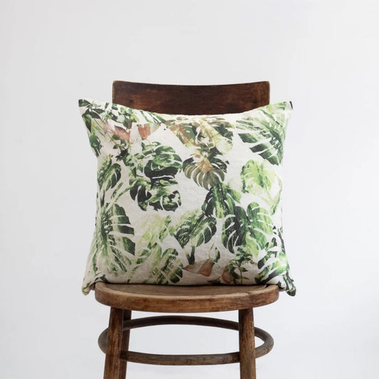Leinen Kissenhülle Tropical in Creme+Dunkelgrün Creme+Grün Muster Tropical von Linen Tales Größe 40x40 cm