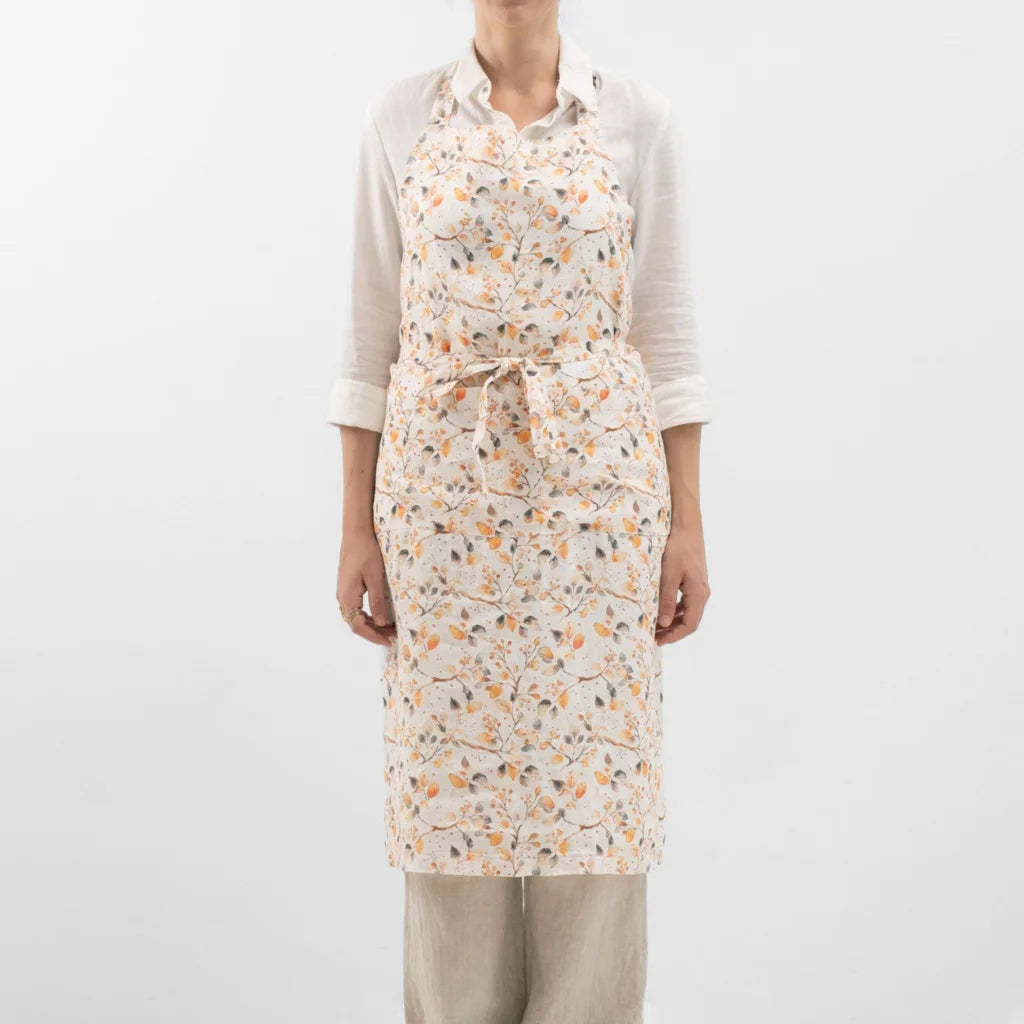 Leinen Kochschürze Blätter in Weiß+Orange+Grau Muster Blätter von Linen Tales Größe 100 cm breit+ 98 cm lang