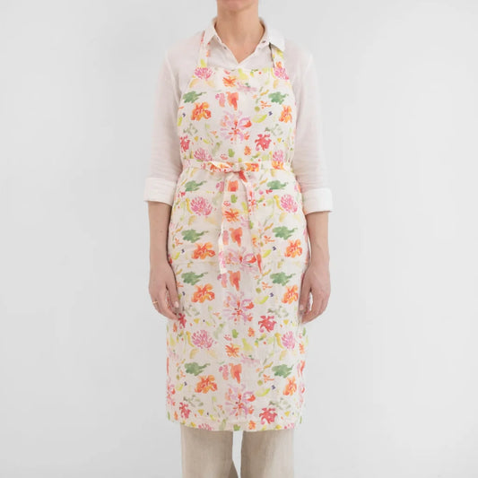 Leinen Kochschürze Blumen in Weiß+Rosa+Orange+Grün Muster Blumen von Linen Tales Größe 100 cm breit+ 98 cm lang