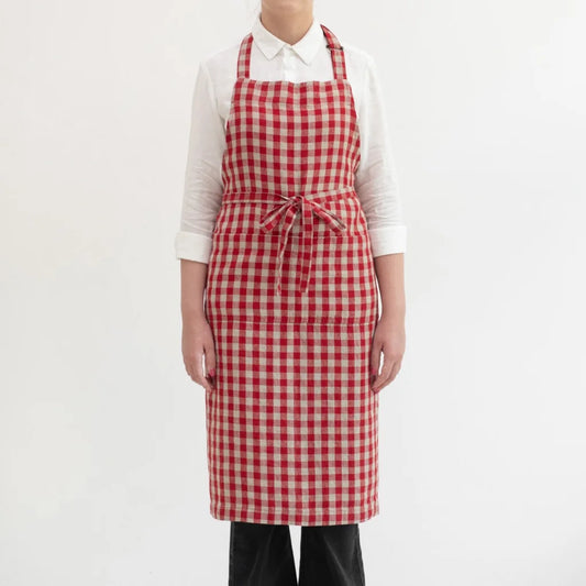 Leinen Kochschürze Karo in Rot+Beige Muster Karo von Linen Tales Größe 100 cm breit+ 98 cm lang