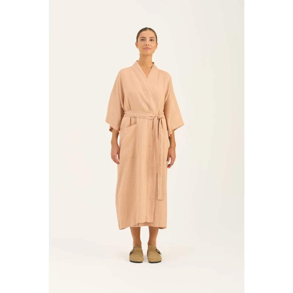 Leinen Morgenmantel in Apricot Orange von Linen Tales Größe L+XL
