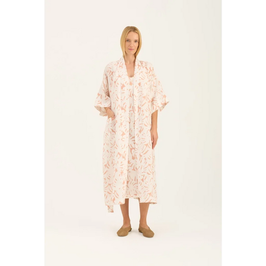 Leinen Morgenmantel Monstera in Weiß+Apricot Weiß+Orange Muster Monstera von Linen Tales Größe L+XL