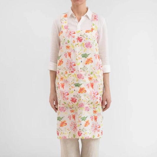 Leinen Pinafore-Schürze Blumen in Weiß+Rosa+Orange+Grün Muster Blumen von Linen Tales Größe 114 cm breit+ 83 cm lang