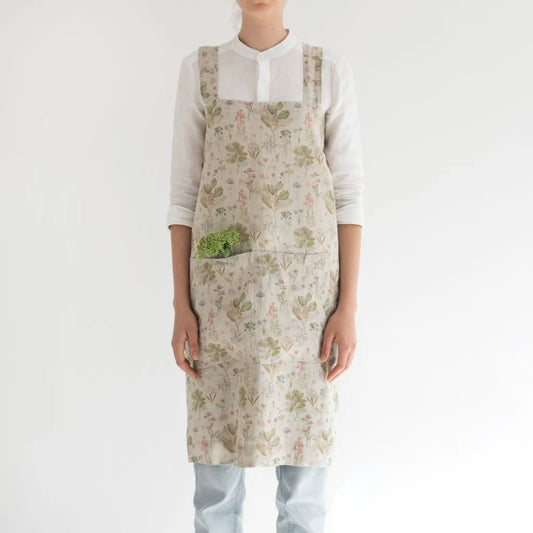 Leinen Pinafore-Schürze Botanik in Creme+Rosa+Grün+Braun Muster Botanik von Linen Tales Größe 114 cm breit+ 83 cm lang
