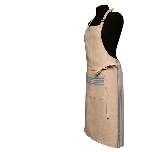 Leinen Schürze JARA in Beige+Blau Muster Streifen von Erika Vaitkute Größe 92x93 cm