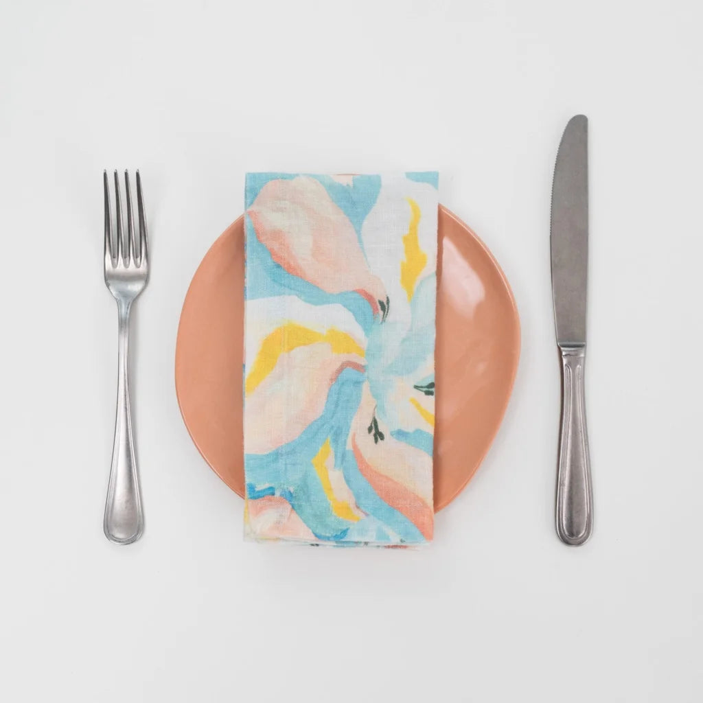 Leinen Stoffserviette Aquarell 2er-Pack in Atlantik+Apricot Blau+Orange Muster Aquarell von Linen Tales Größe 40x40 cm