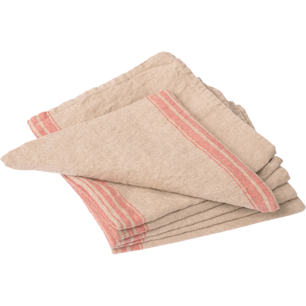 Leinen Stoffserviette JARA 6er-Pack in Beige+Rot Muster Streifen von Erika Vaitkute Größe 43x43 cm
