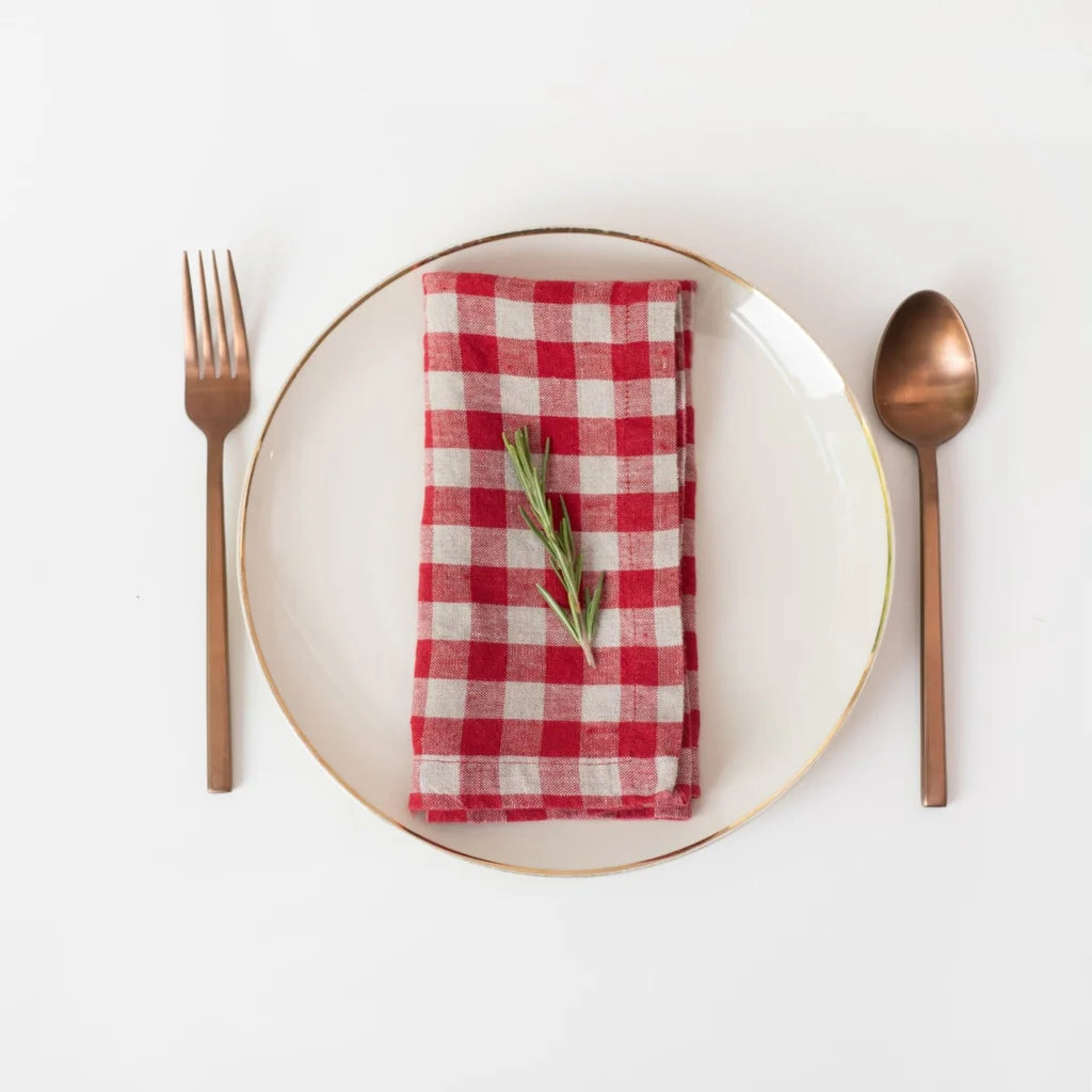 Leinen Stoffserviette Karo 2er-Pack in Rot+Beige Muster Karo von Linen Tales Größe 55x55 cm