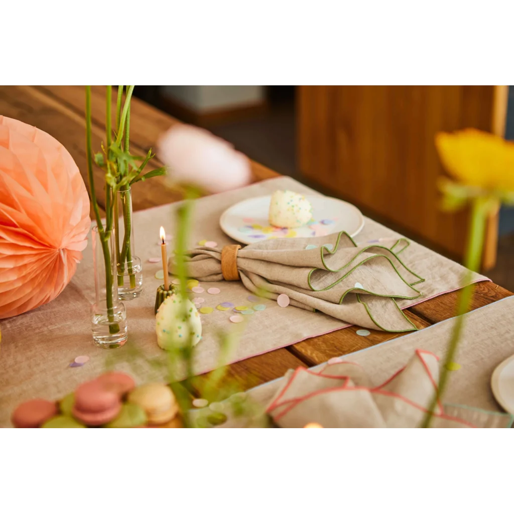 Leinen Stoffserviette VILNIA beige mit bunter Umkettelung 6er-Pack in Beige+Koralle Beige+Orange von Erika Vaitkute Größe 47x47 cm