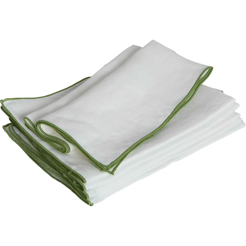 Leinen Stoffserviette VILNIA weiß mit bunter Umkettelung 6er-Pack in Weiß+Waldgrün Weiß+Grün von Erika Vaitkute Größe 47x47 cm