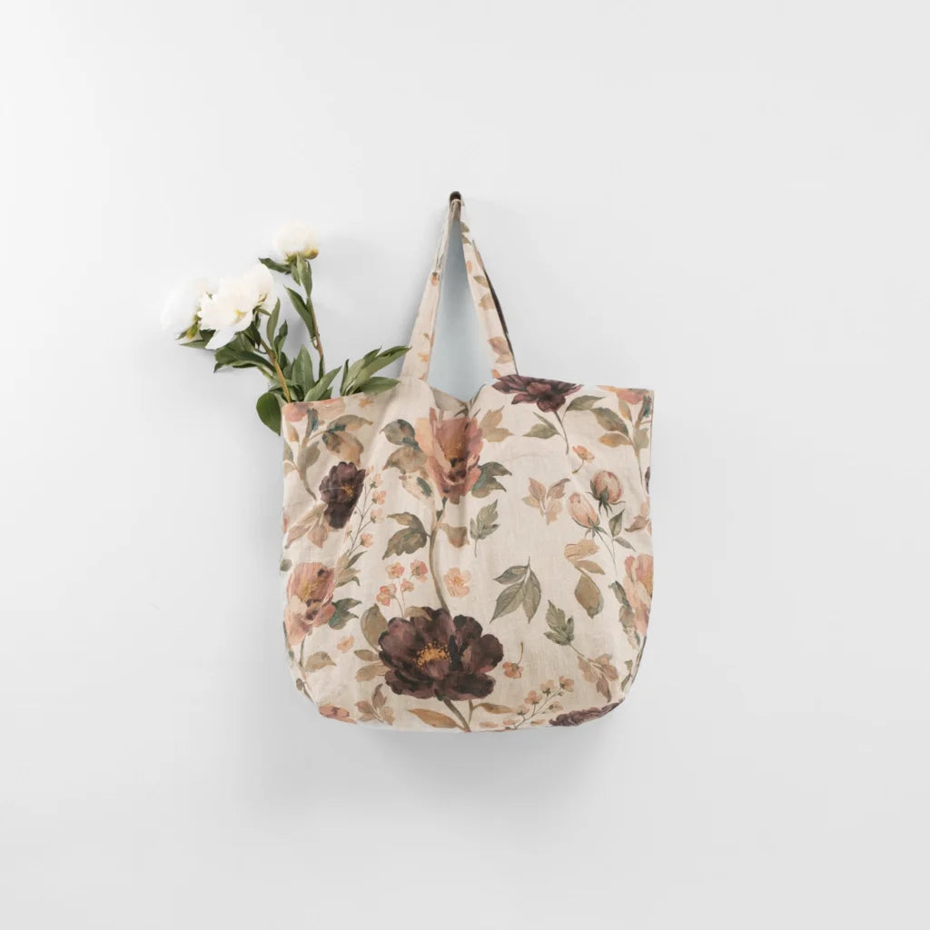 Leinen Tasche Blumen in Creme+Aubergine+Olive Creme+Beere+Grün Muster Blumen von Linen Tales Größe 54 cm breit+ 60 cm lang