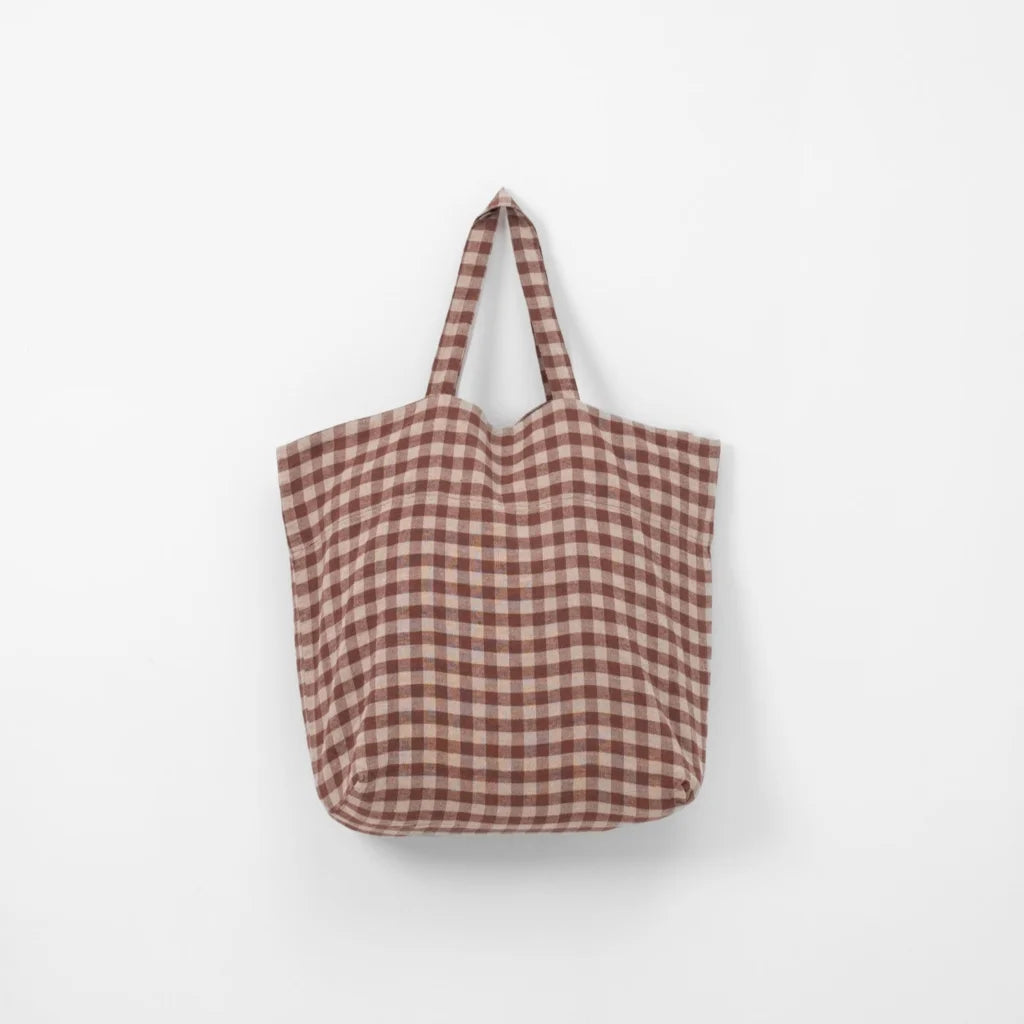 Leinen Tasche Karo in Schokolade+Beige Braun+Beige Muster Karo von Linen Tales Größe 54 cm breit+ 60 cm lang