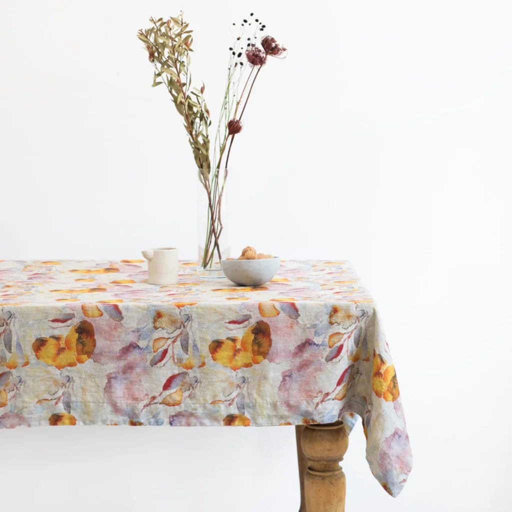 Leinen Tischdecke Aquarell in Creme+Orange Muster Aquarell von Linen Tales Größe 140x380 cm