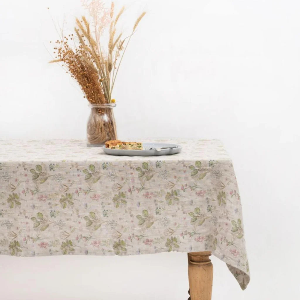 Leinen Tischdecke Botanik in Creme+Rosa+Grün+Braun Muster Botanik von Linen Tales Größe 140x350 cm
