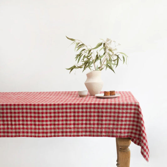 Leinen Tischdecke Karo in Rot+Beige Muster Karo von Linen Tales Größe 140x200 cm