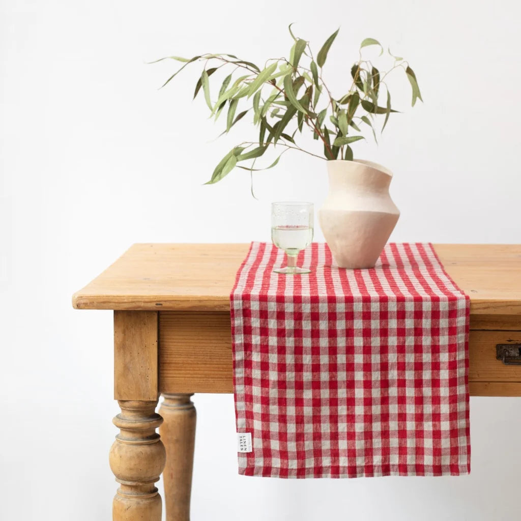 Leinen Tischläufer Karo in Rot+Beige Muster Karo von Linen Tales Größe 40x150 cm