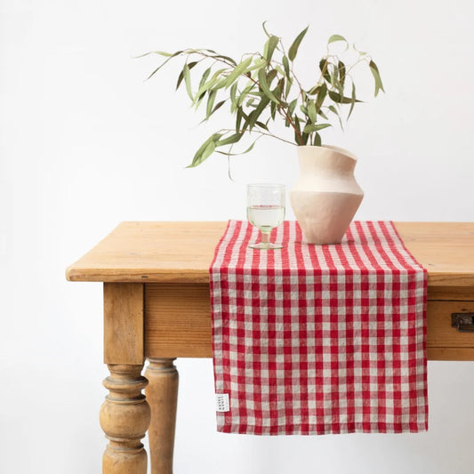 Leinen Tischläufer Karo in Rot+Beige Muster Karo von Linen Tales Größe 40x200 cm