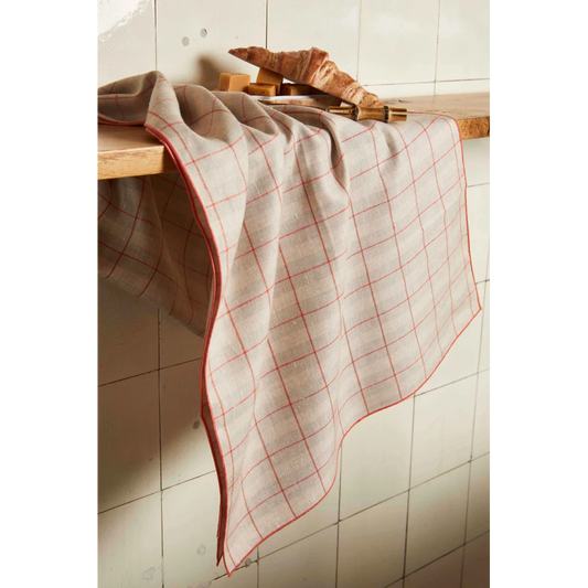 Leinen Tischläufer ULA in Beige+Koralle Beige+Orange Muster Karo von Erika Vaitkute Größe 47x145 cm
