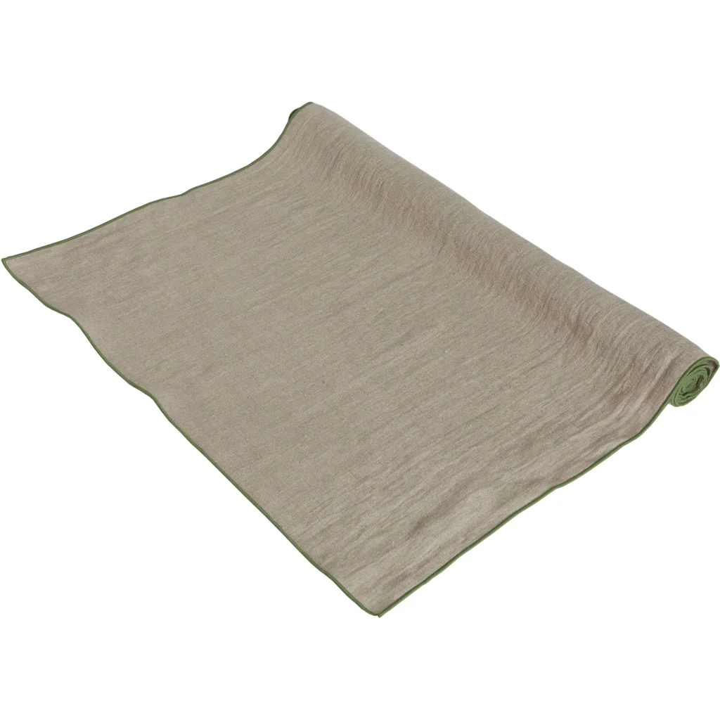 Leinen Tischläufer VILNIA beige mit bunter Umkettelung in Beige+Waldgrün Beige+Grün von Erika Vaitkute Größe 47x147 cm