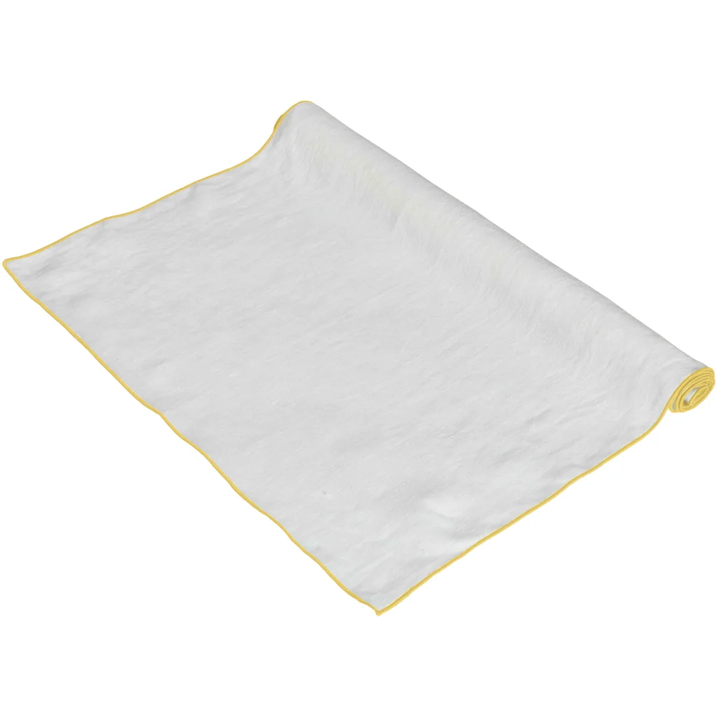Leinen Tischläufer VILNIA weiß mit bunter Umkettelung in Weiß+Gelb von Erika Vaitkute Größe 47x147 cm