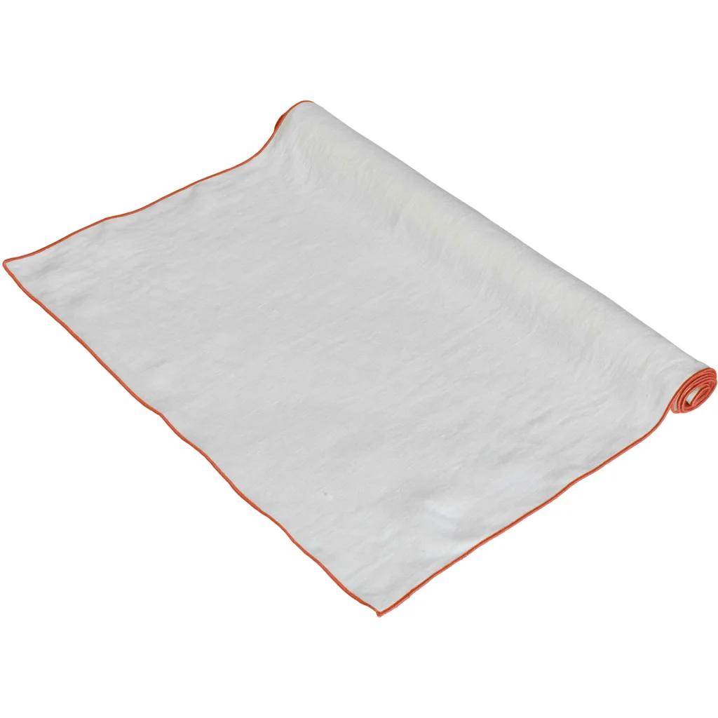 Leinen Tischläufer VILNIA weiß mit bunter Umkettelung in Weiß+Koralle Weiß+Orange von Erika Vaitkute Größe 47x147 cm
