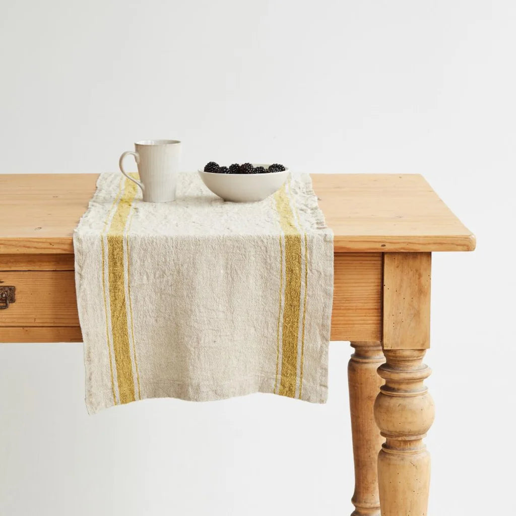 Leinen Tischläufer Vintage in Creme+Senfgelb Creme+Gelb Muster Streifen von Linen Tales Größe 40x150 cm