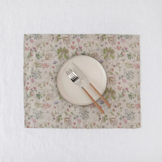 Leinen Tischset Botanik 2er-Pack in Creme+Rosa+Grün+Braun Muster Botanik von Linen Tales Größe 45x35 cm
