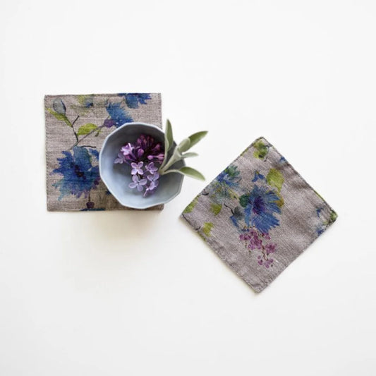 Leinen Untersetzer Blumen 4er-Pack in Creme+Blau Muster Blumen von Linen Tales Größe 10x10 cm