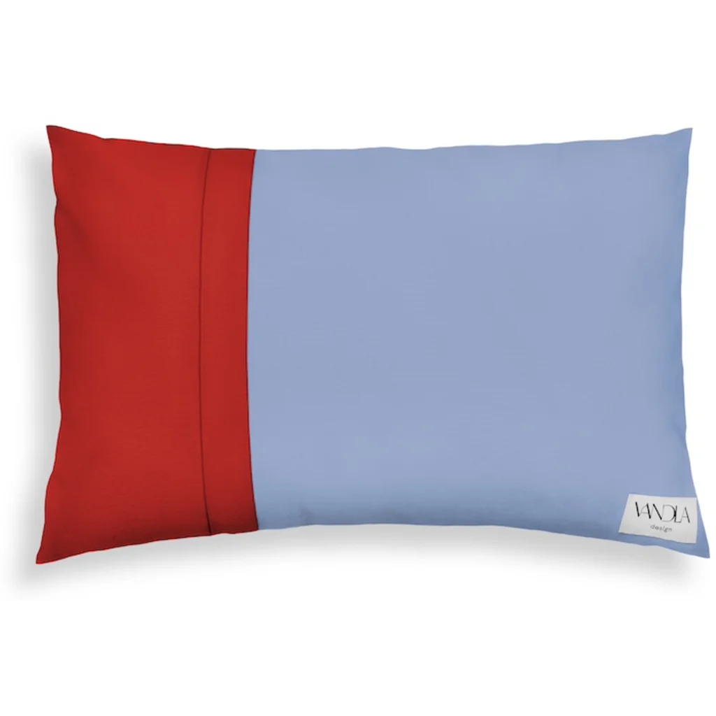 Modulare Kissenhülle rechteckig Farbkombinationen mit Jeansblau in Jeansblau+Rot Blau+Rot von Vandla design Größe 40x60 cm
