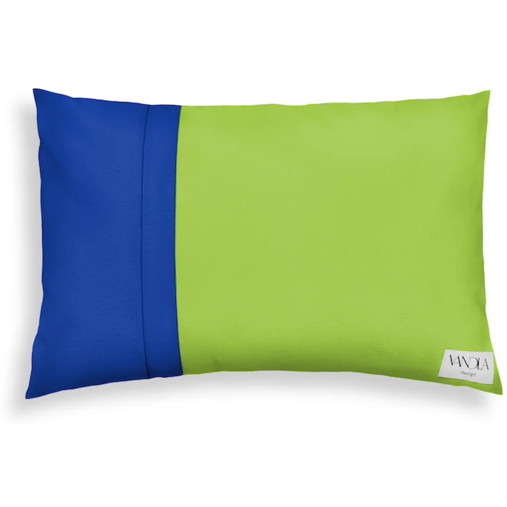 Modulare Kissenhülle rechteckig Farbkombinationen mit Limette in Limette+Kobalt Grün+Blau von Vandla design Größe 40x60 cm