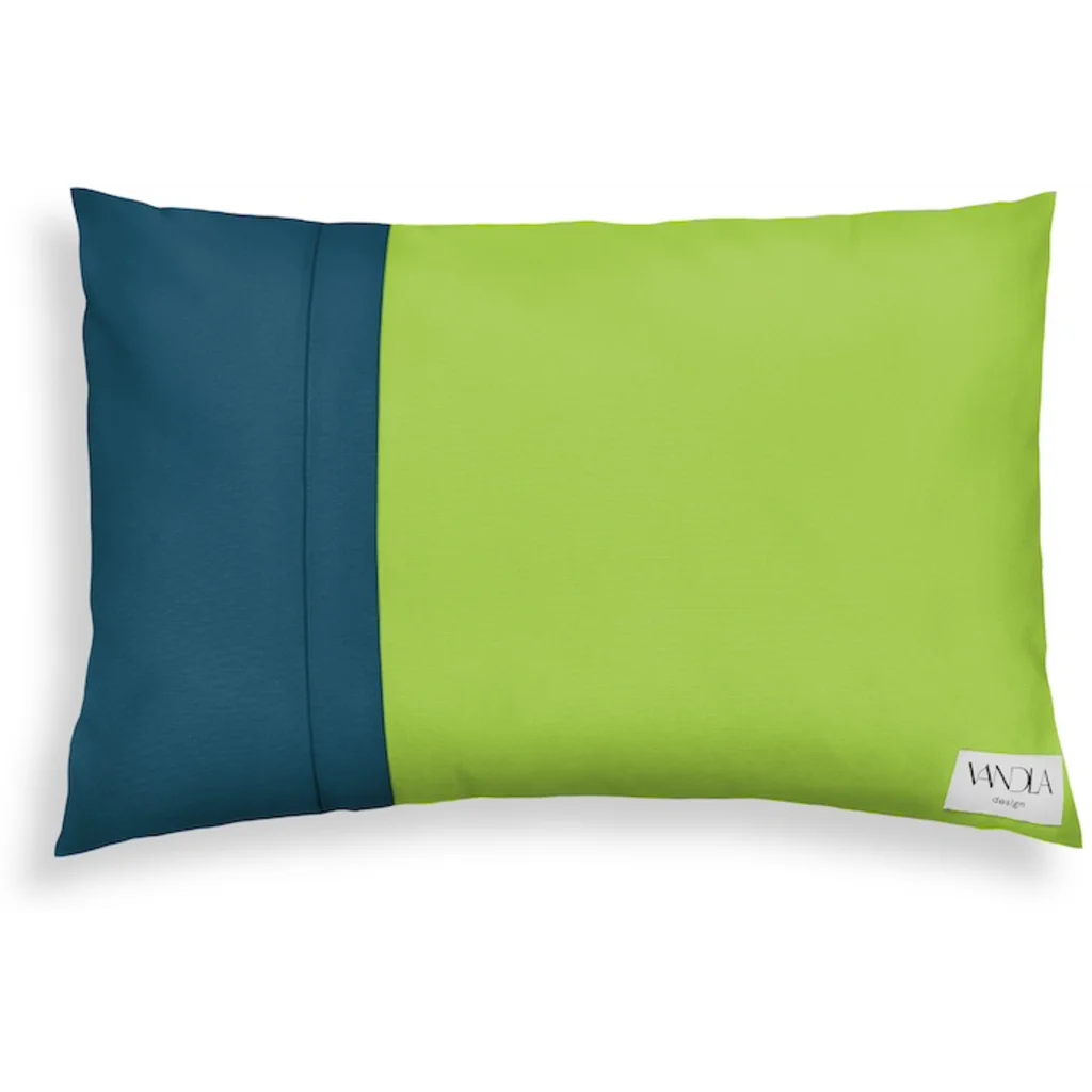 Modulare Kissenhülle rechteckig Farbkombinationen mit Limette in Limette+Petrol Grün+Blau von Vandla design Größe 40x60 cm