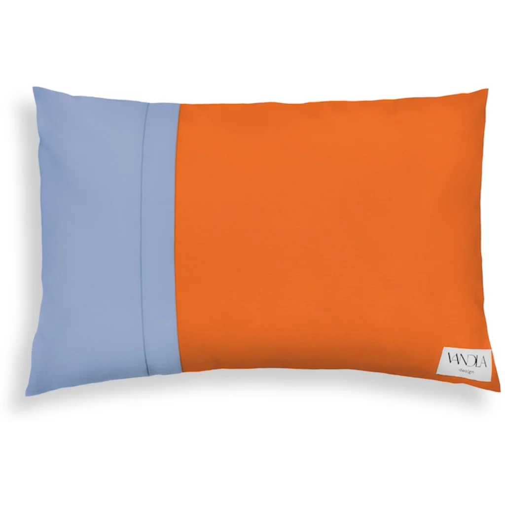 Modulare Kissenhülle rechteckig Farbkombinationen mit Orange in Orange+Jeansblau Orange+Blau von Vandla design Größe 40x60 cm