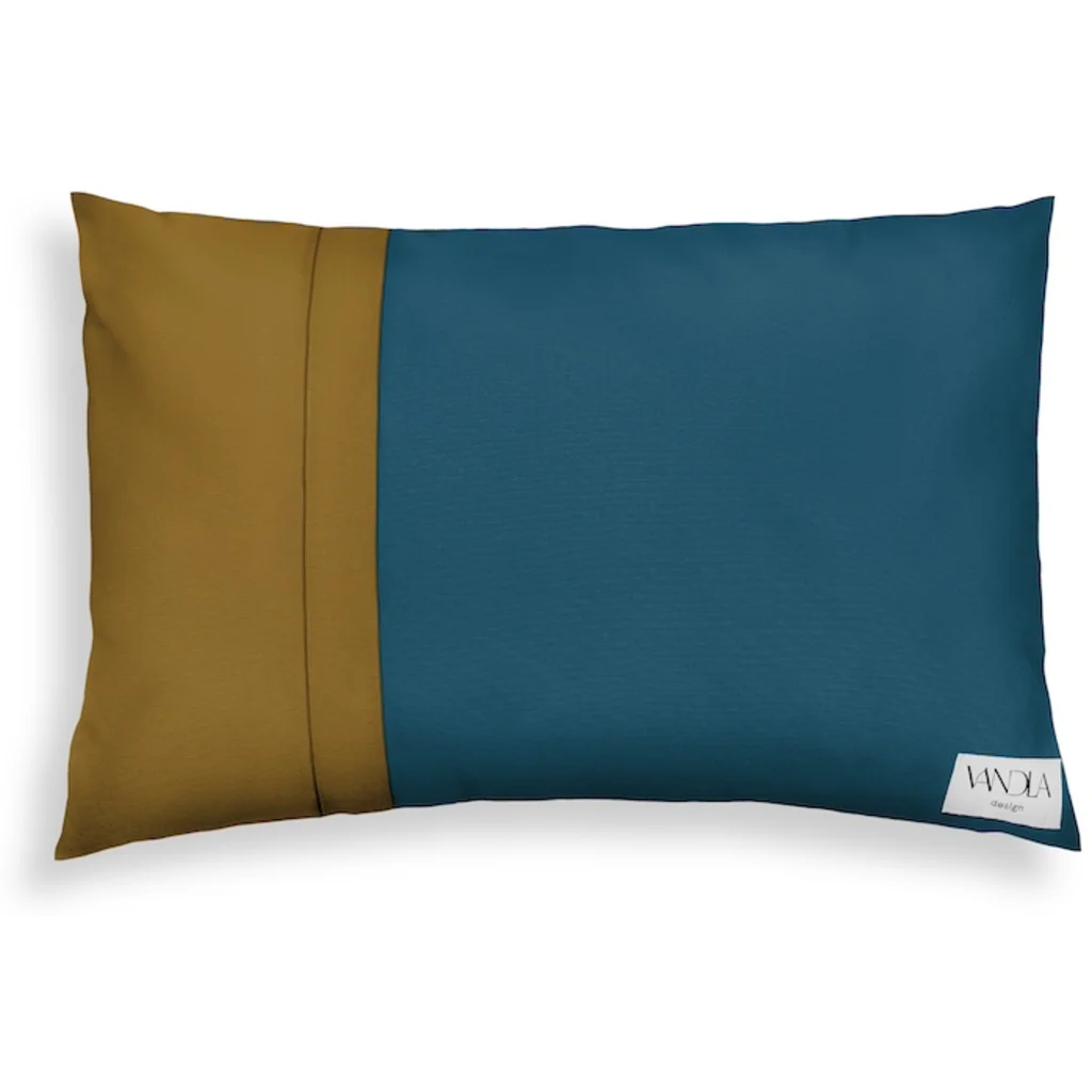 Modulare Kissenhülle rechteckig Farbkombinationen mit Petrol in Petrol+Hellbraun Blau+Braun von Vandla design Größe 40x60 cm