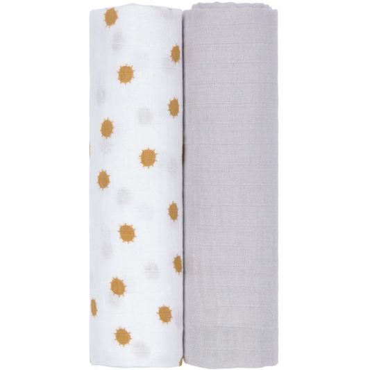 Mull Baby-Tuch Sonne 2er-Pack in Hellgrau Grau Muster Sonne von Lässig Größe 120x120 cm