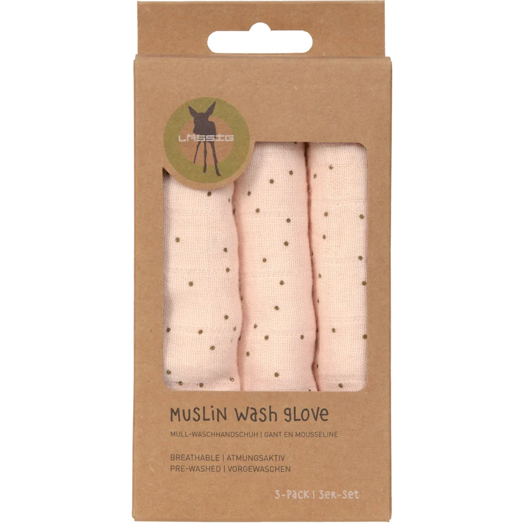 Musselin Baby-+Kinder-Waschhandschuh Punkte 3er-Pack in Rosa Muster Punkte von Lässig Größe 15x22 cm