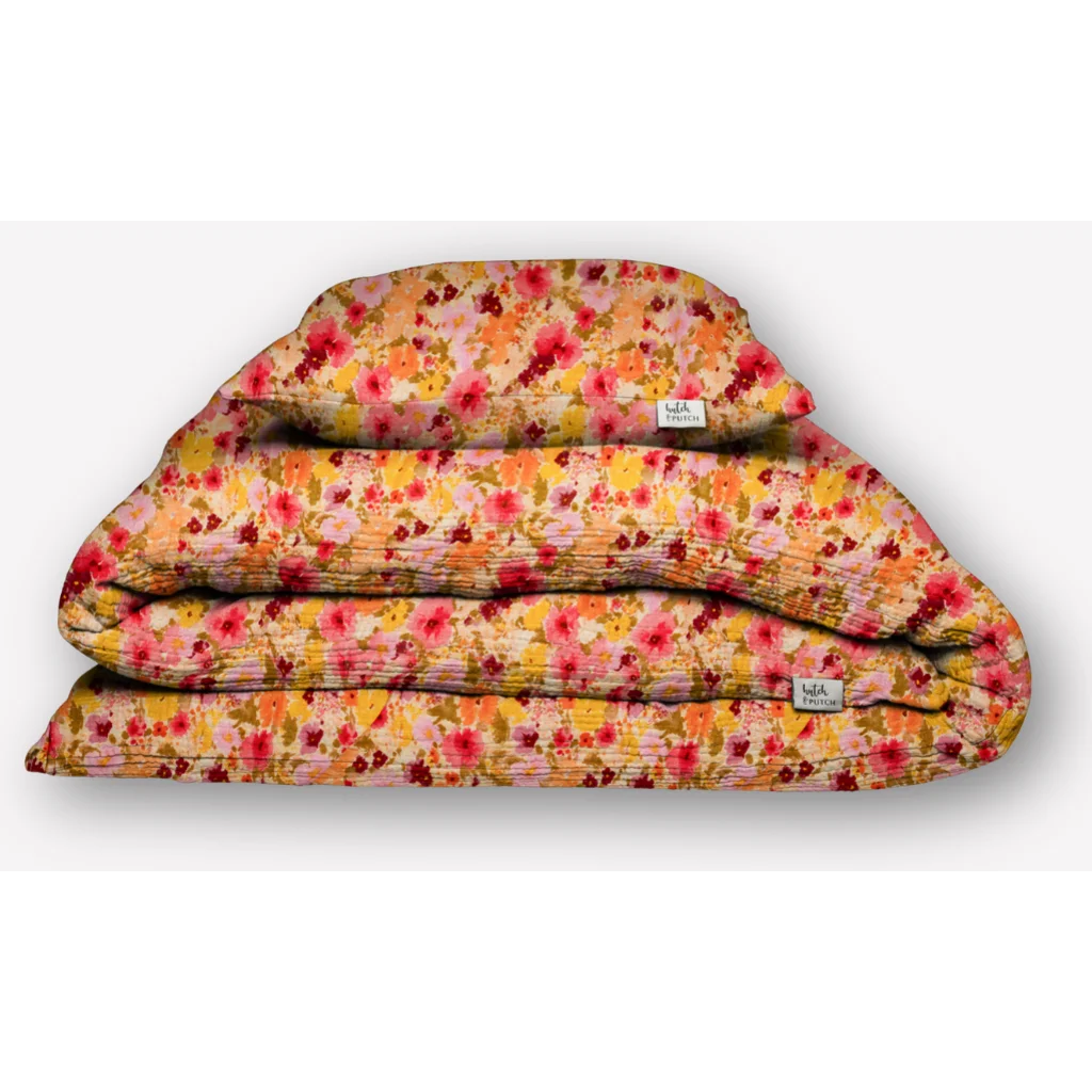Musselin Bettwäsche Blumen Garnitur 3-teilig in Rosa+Orange+Gelb Muster Blumen von hutch&putch Größe 200x200 + 2x 80x80 cm