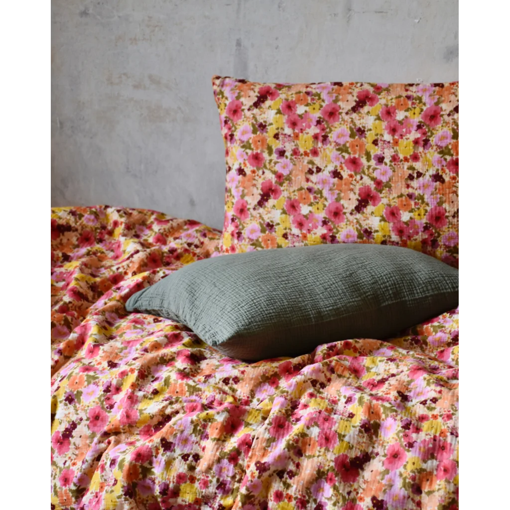 Musselin Bettwäsche Blumen Garnitur 3-teilig in Rosa+Orange+Gelb Muster Blumen von hutch&putch Größe 200x200 + 2x 80x80 cm