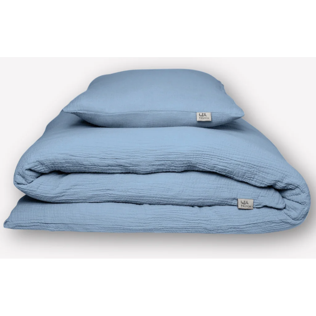 Musselin Bettwäsche Garnitur 3-teilig in Blau von hutch&putch Größe 200x200 + 2x 40x80 cm