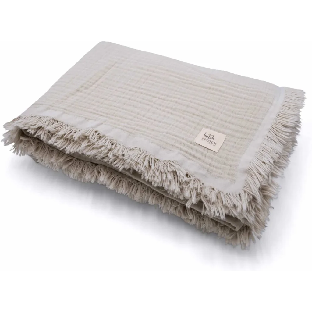 Musselin Decke mit Fransen in Stein Beige von hutch&putch Größe 135x200 cm