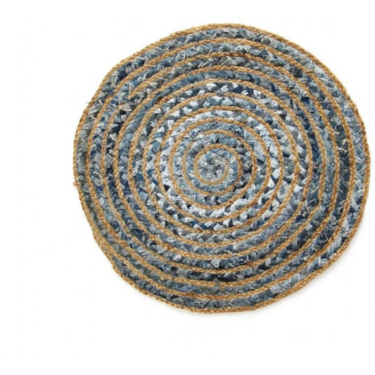 Upcycling Teppich rund in Naturbelassen+Blau Muster Bunt von GLOBO Größe Ø 60 cm