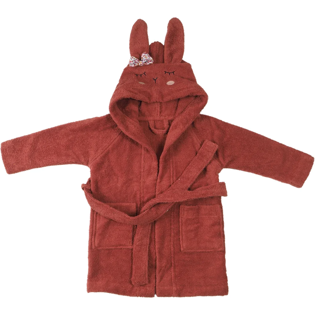 Bio Frottier Baby-+Kinder-Bademantel Hase in Rost Rot Muster Hase von kikadu Größe 5-6 Jahre