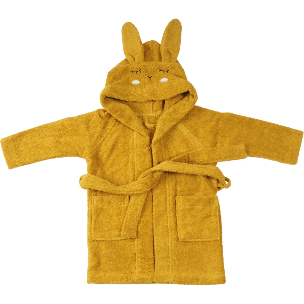 Bio Frottier Baby-+Kinder-Bademantel Hase in Senfgelb Gelb Muster Hase von kikadu Größe 1-2 Jahre