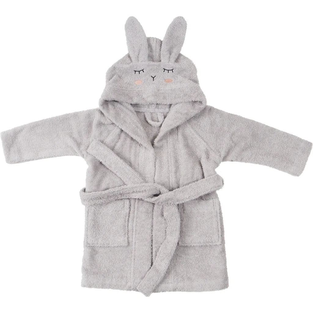 Bio Frottier Baby-+Kinder-Bademantel Hase in Silbergrau Grau Muster Hase von kikadu Größe 5-6 Jahre