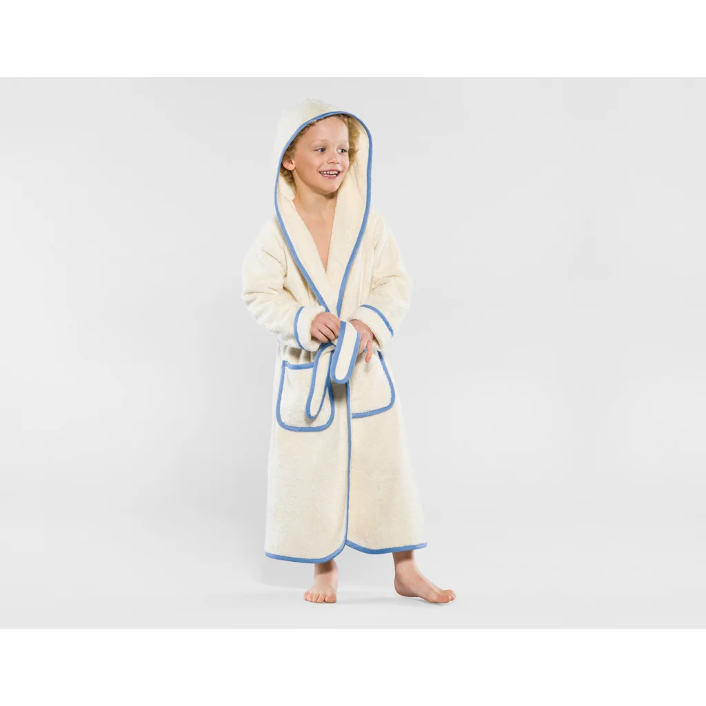 Bio Frottier Kinder-Bademantel in Creme+Blau Creme von Cotonea Größe 122+128