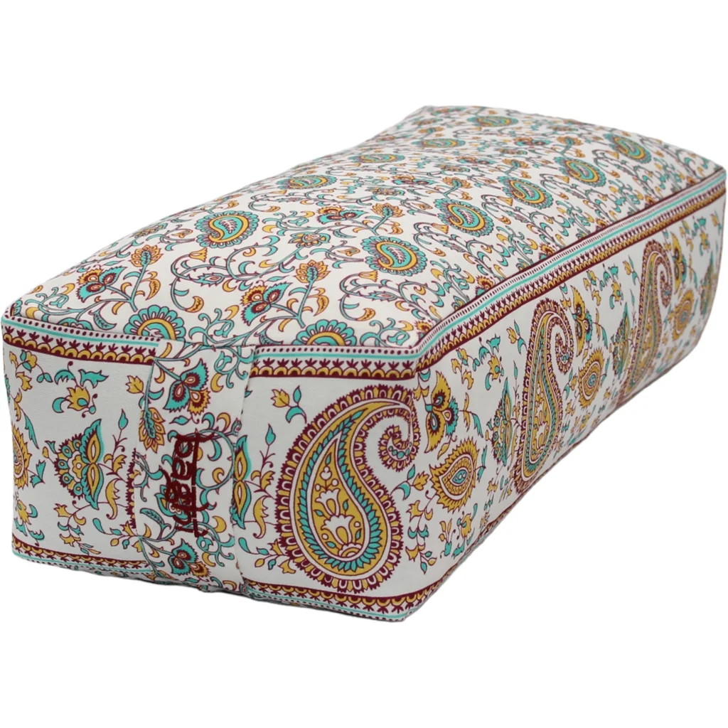 Bio Meditationskissen+Yogakissen Bolster mit Paisley-Muster in Orange+Bordeaux Orange+Rot Muster Bedruckt von BAGHI Größe 60x28 cm Höhe 15 cm
