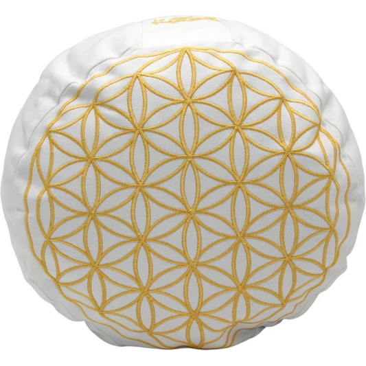 Bio Meditationskissen+Yogakissen rund mit Blume-des-Lebens-Stickerei in Weiß von BAGHI Größe Ø 30 cm Höhe 15 cm