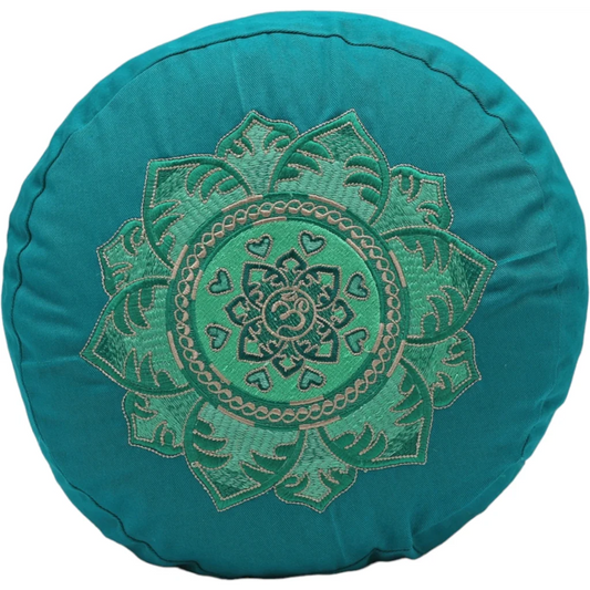 Bio Meditationskissen+Yogakissen rund mit Om-Stickerei in Petrol Blau von BAGHI Größe Ø 30 cm Höhe 15 cm